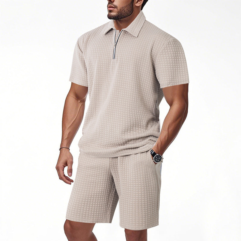 Men's modern short sleeve polo with contemporary design and chic elastic shorts