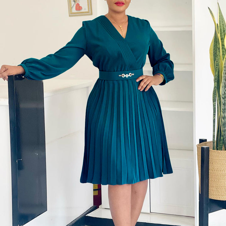 Pleated wrap dress for women with belt and elegant brooch Lune London