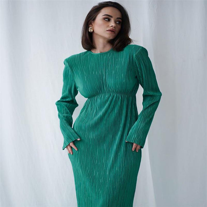 Women Elegant Maxi Dress with Structured Pleats and Long Sleeves Lune London