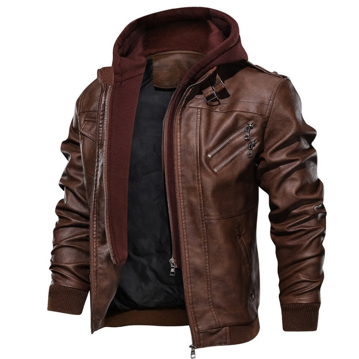 Men's soft leather motorcycle jacket with removable hood and practical zip pockets Lune London