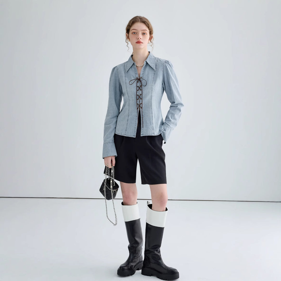 Women's denim blouse with lace neckline and elegant puff sleeves Chic & Stil