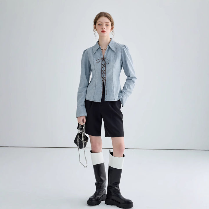 Women's denim blouse with lace neckline and elegant puff sleeves Chic & Stil