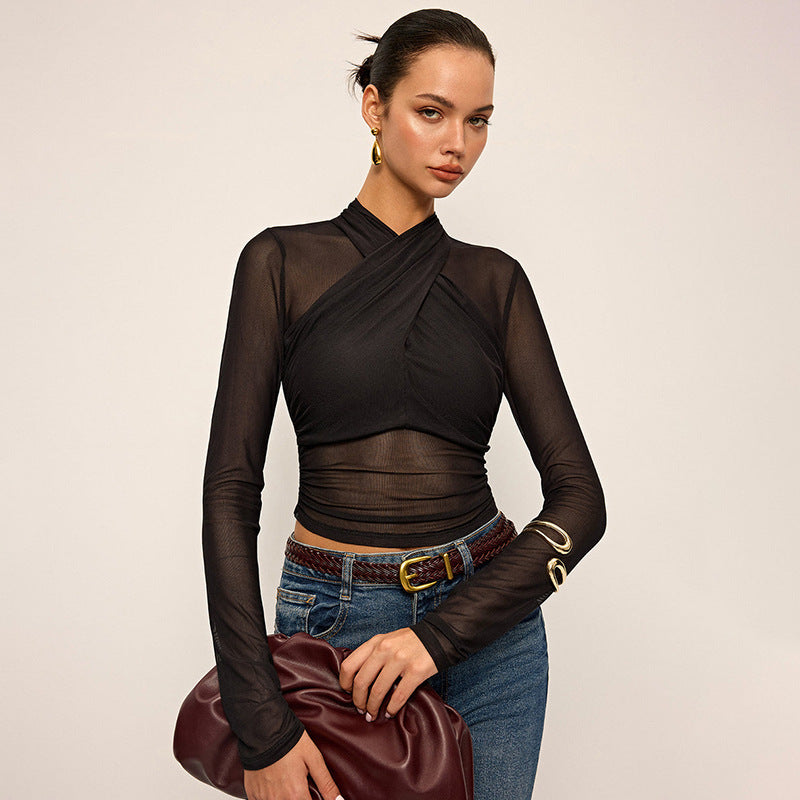 Women Elegant long sleeve top with wrapped design and transparent inserts Lune London