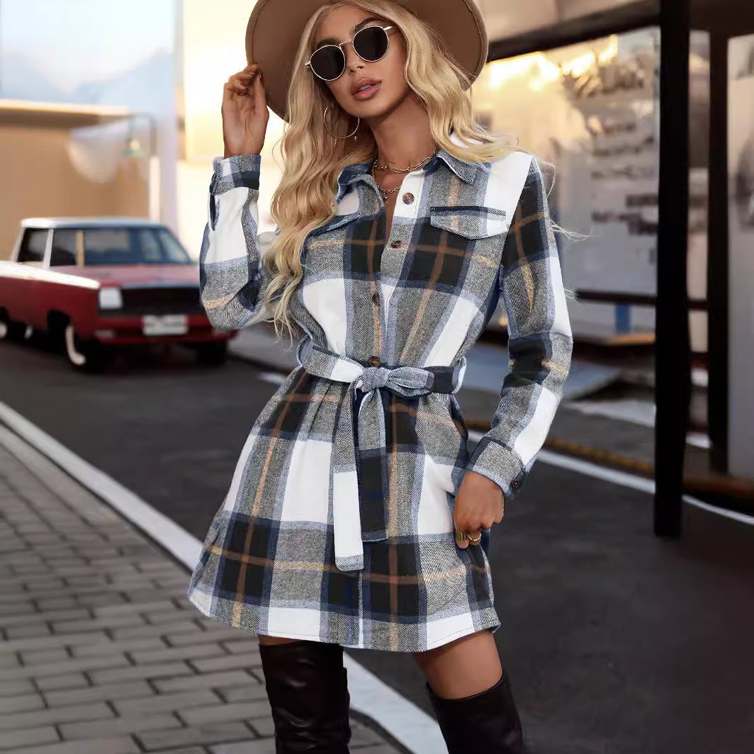 Checkered shirt dress for women with a belt at the waist and chest pockets Lune London