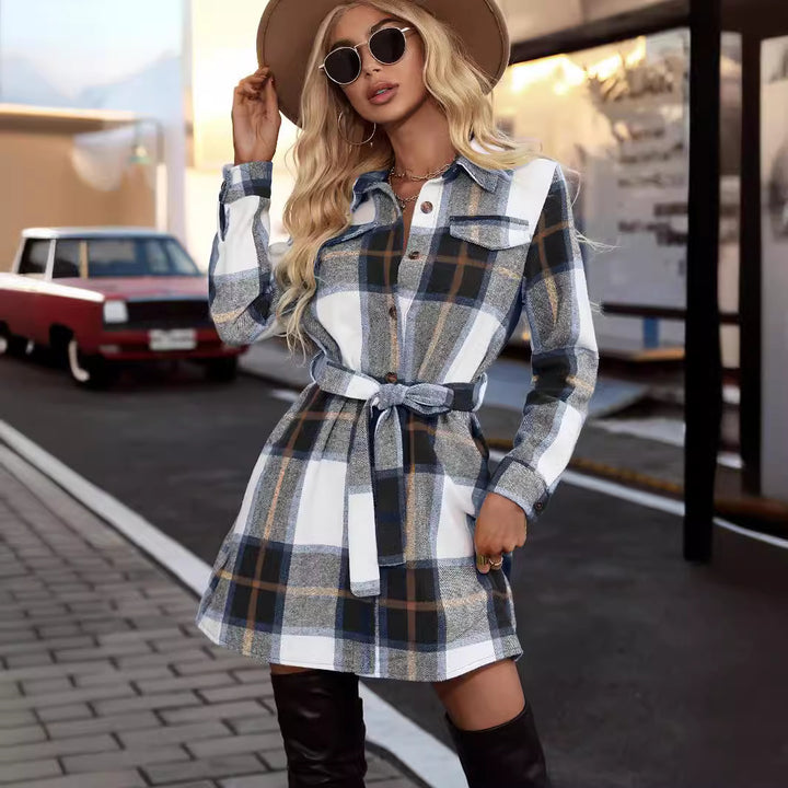 Checkered shirt dress for women with a belt at the waist and chest pockets Lune London