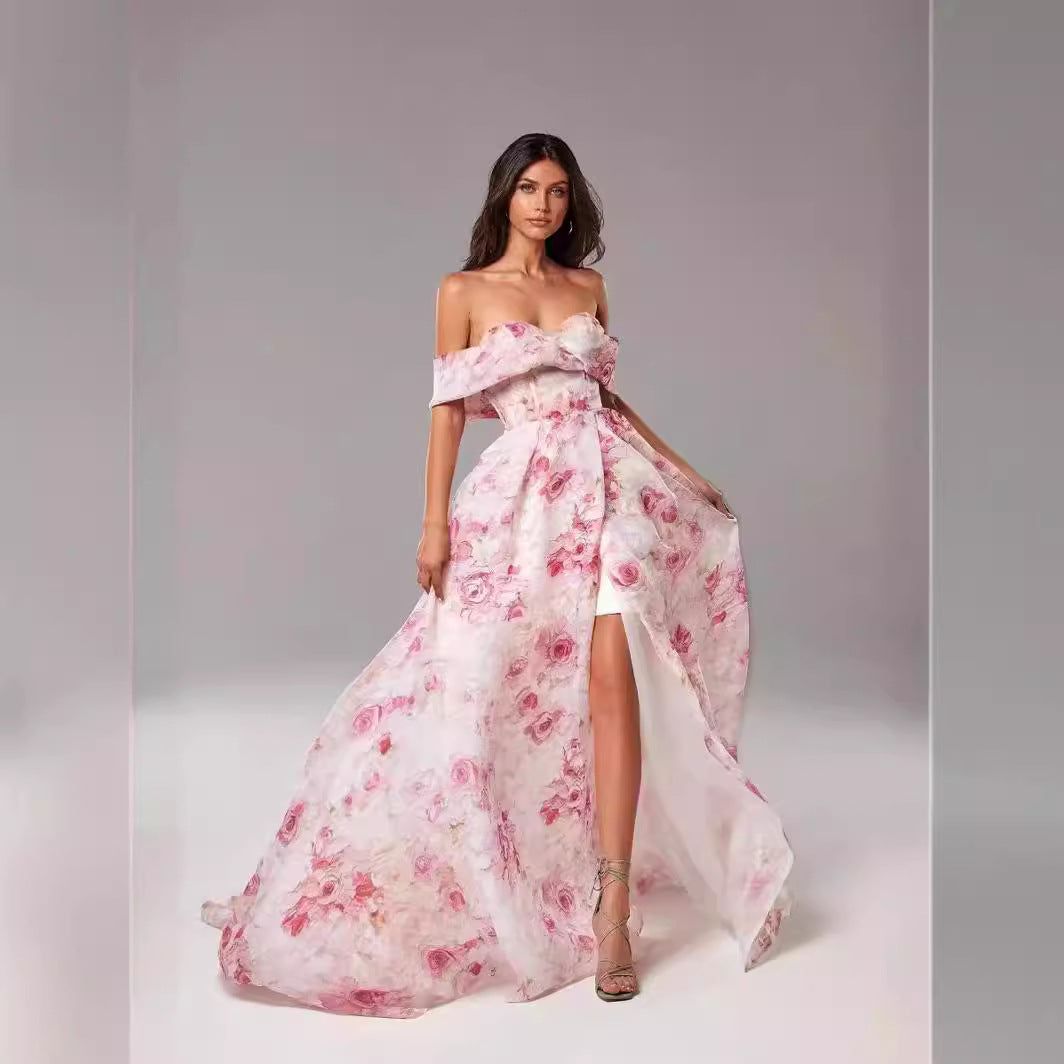 Women's maxi dress with off-shoulder design and floral patterns Lune London