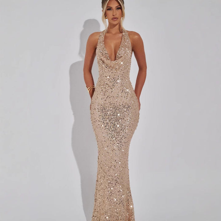 Women's evening dress with glamorous sequin embellishment and elegant V-neck Lune London