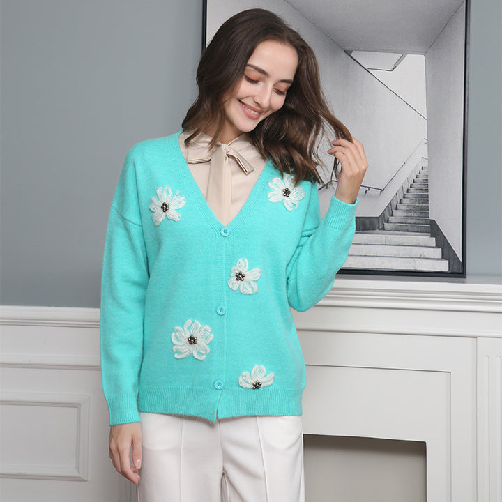 Women’s knitted jacket with floral pattern and elegant button placket Lune London