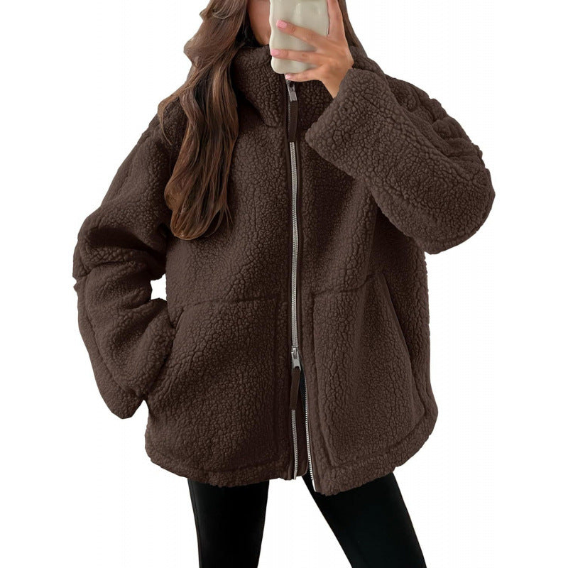 Ladies Cozy Teddy Fur Jacket with High Collar and Zipper Lune London