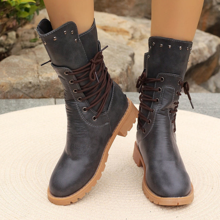 Lune London | Mid-calf boots - Faux leather - Lacing - Block heel - Sturdy sole