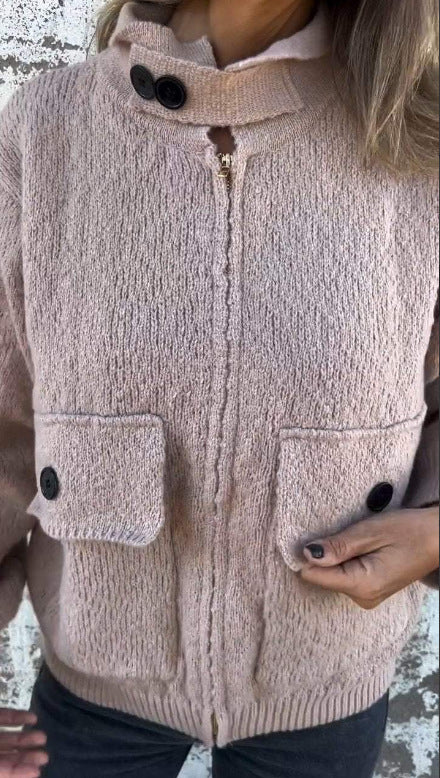 Women's soft cardigan with thermal insulating collar and patch pockets Lune London