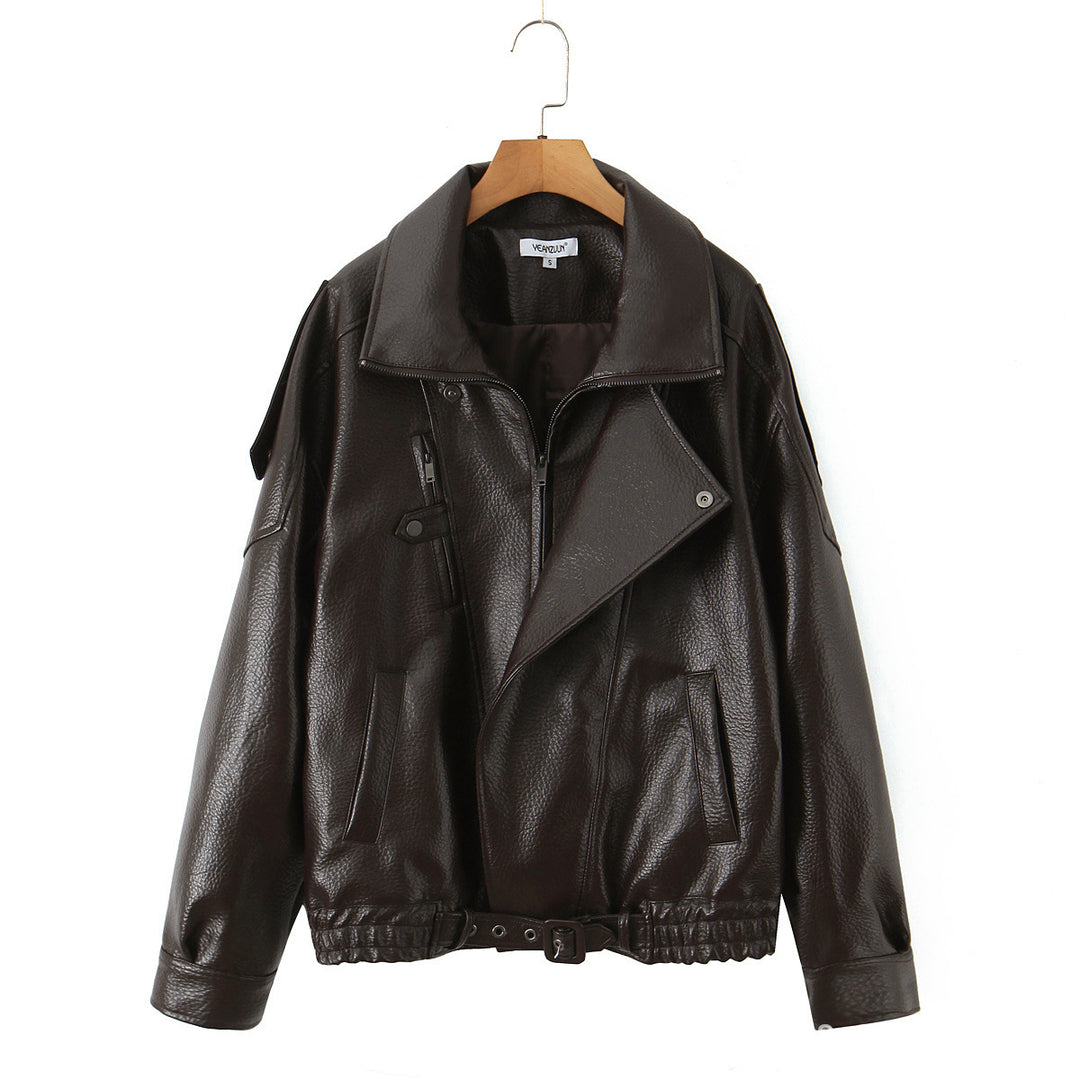 Fashionable women’s synthetic leather jacket with erotic lapels and elastic hem Lune London