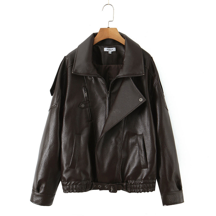 Fashionable women’s synthetic leather jacket with erotic lapels and elastic hem Lune London