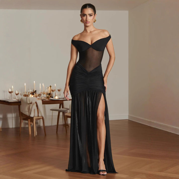 Elegant Maxi Dress for Women with Bardot Design and Chic Ruching & Style