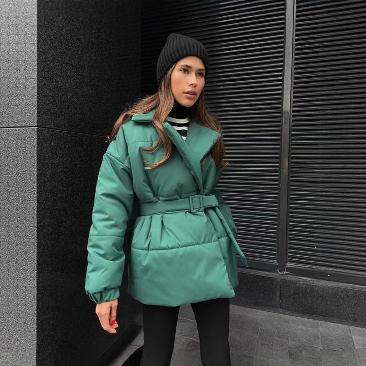 Quilted transition jacket for women with a belted waist and warm inner lining Lune London