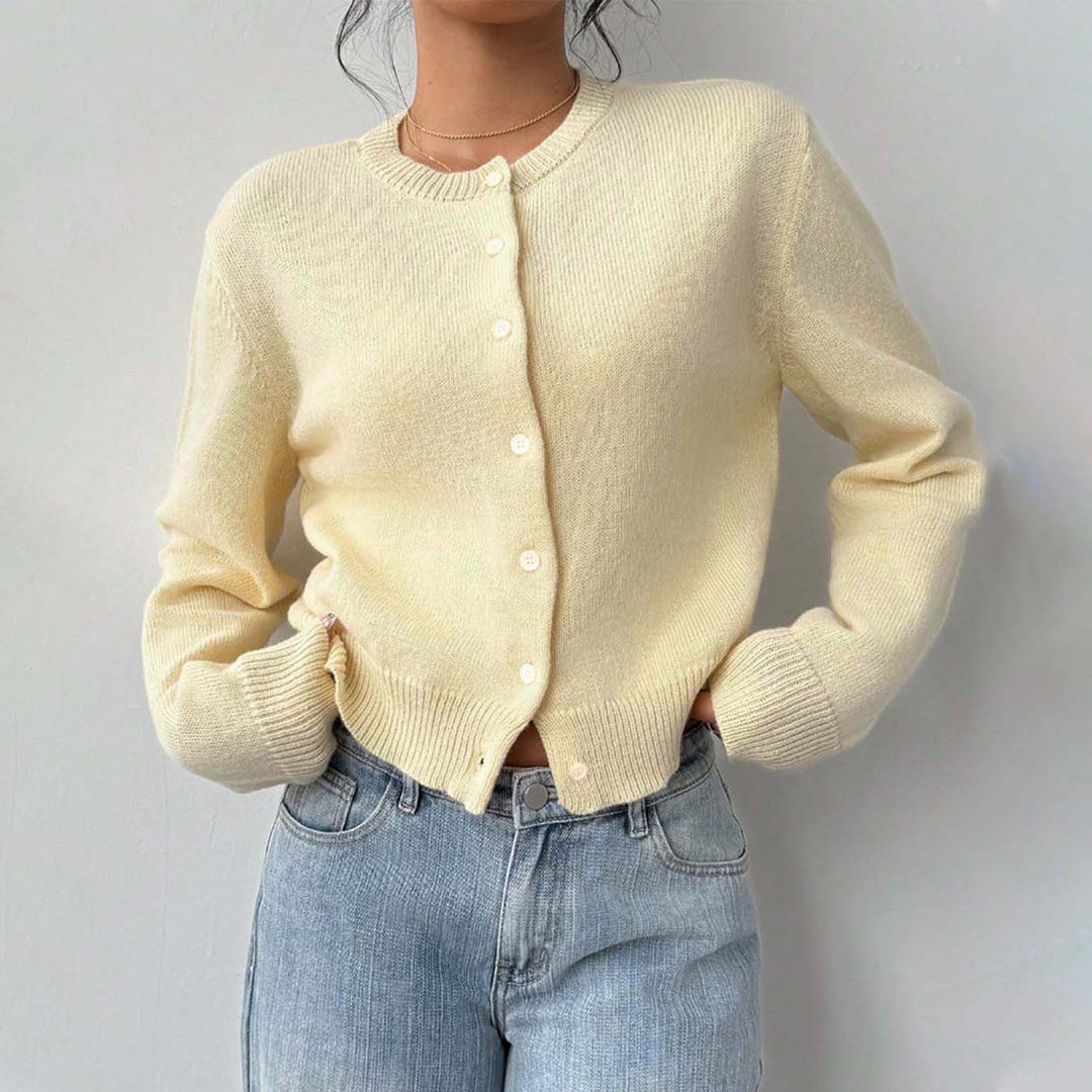 Lightweight knit jacket for ladies with button details and round neckline Lune London