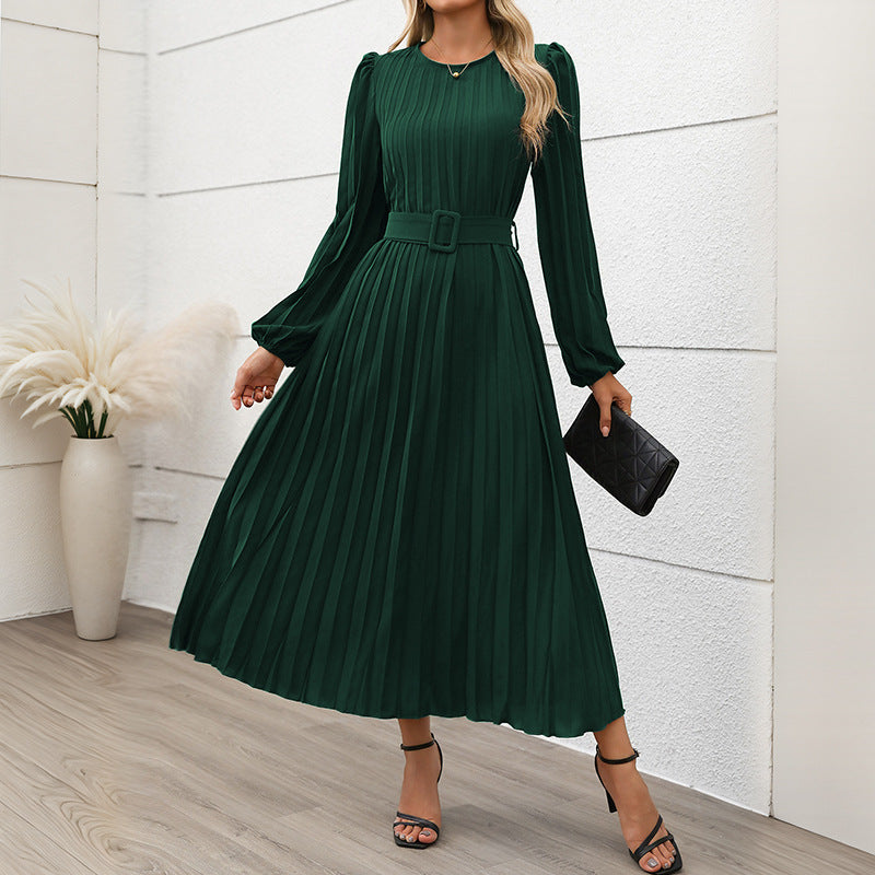 Women’S Pleated Dress with Waist Belt and Long Sleeves Chic Und Stil