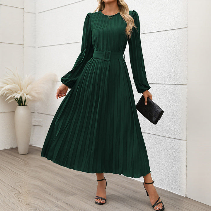Women’S Pleated Dress with Waist Belt and Long Sleeves Chic Und Stil
