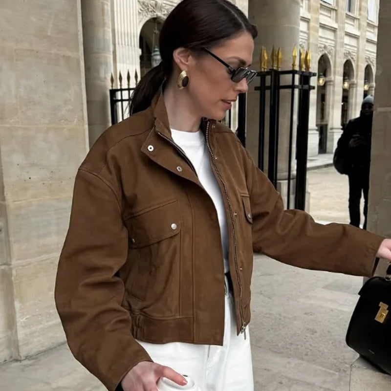 Ladies Elegant Synthetic Leather Jacket with Modern Chic High Collar and Style