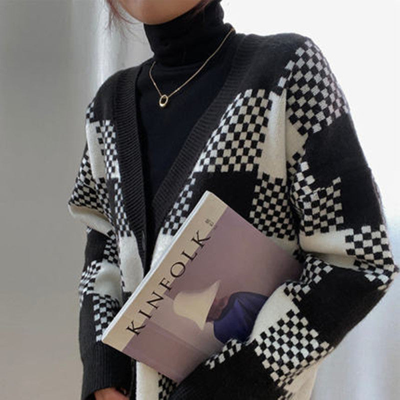 Ladies chunky knit cardigan with contrasting check pattern and button details Lune London