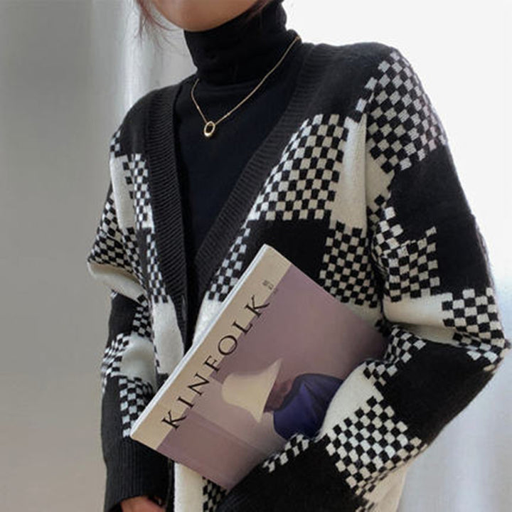 Ladies chunky knit cardigan with contrasting check pattern and button details Lune London