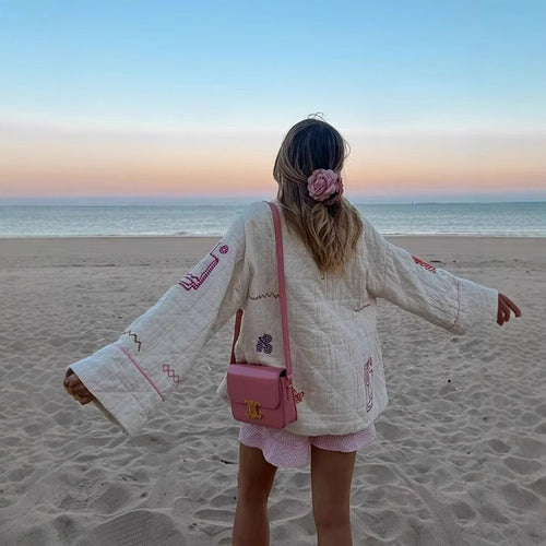 Women's kimono jacket with decorative embroidery design and practical pockets Lune London