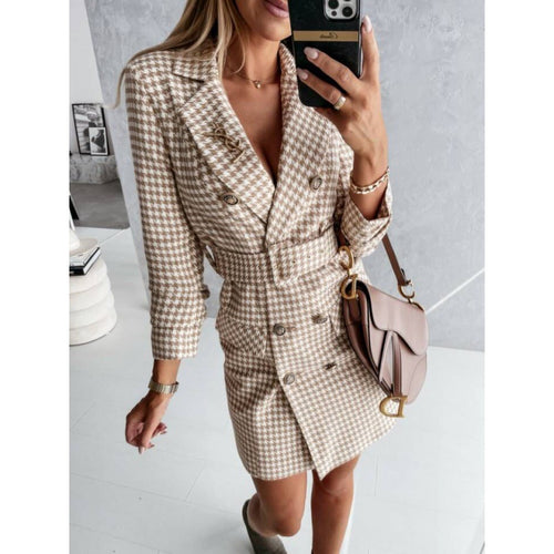 Classic houndstooth design shirt dress for women with elegant fitted waist and double row of buttons Lune London