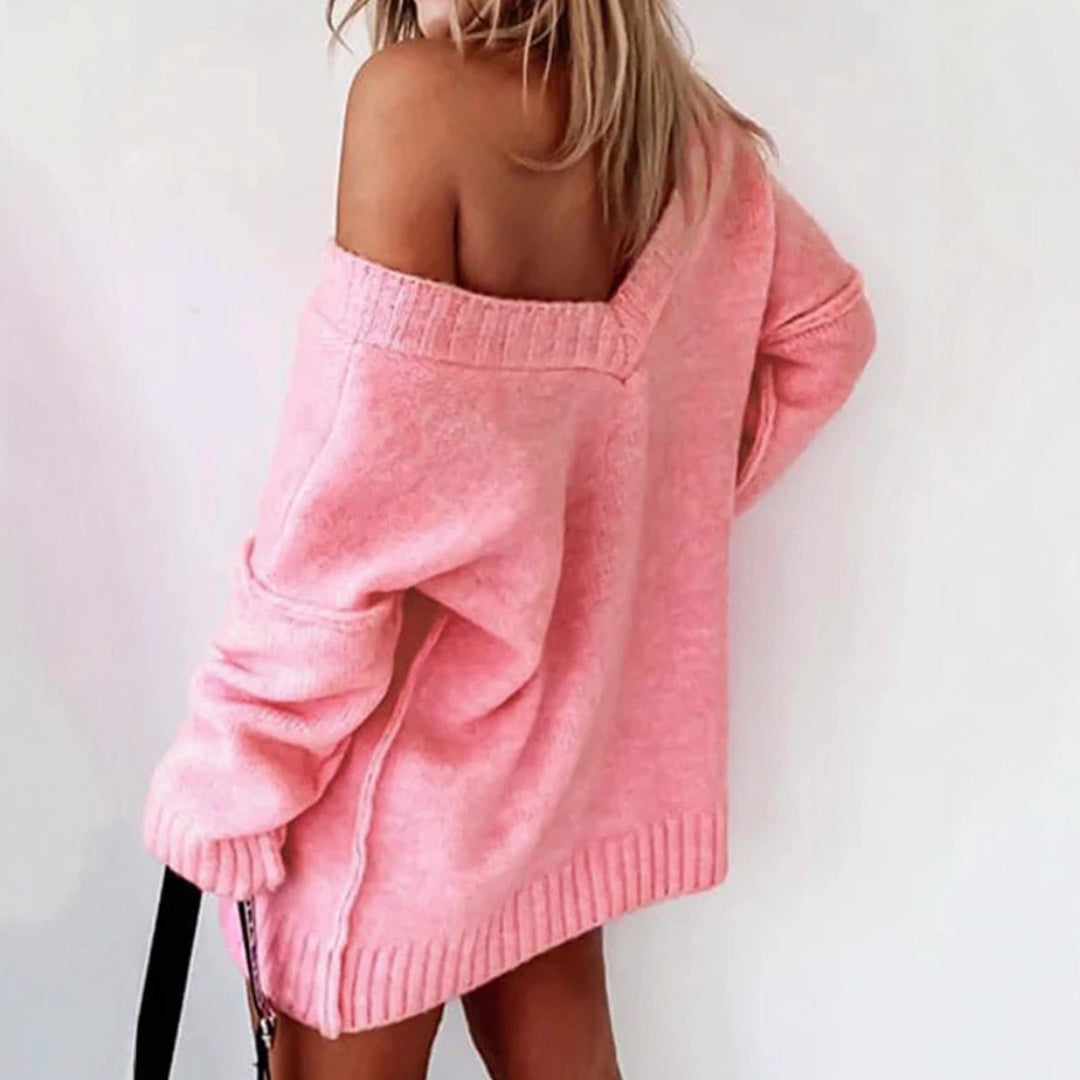 Women off-shoulder knit sweater with wide cut and ribbed edges Lune London