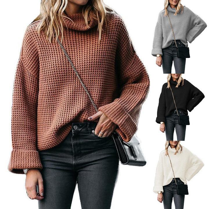 Oversized knitted sweater for women with high collar and structured honeycomb pattern Lune London