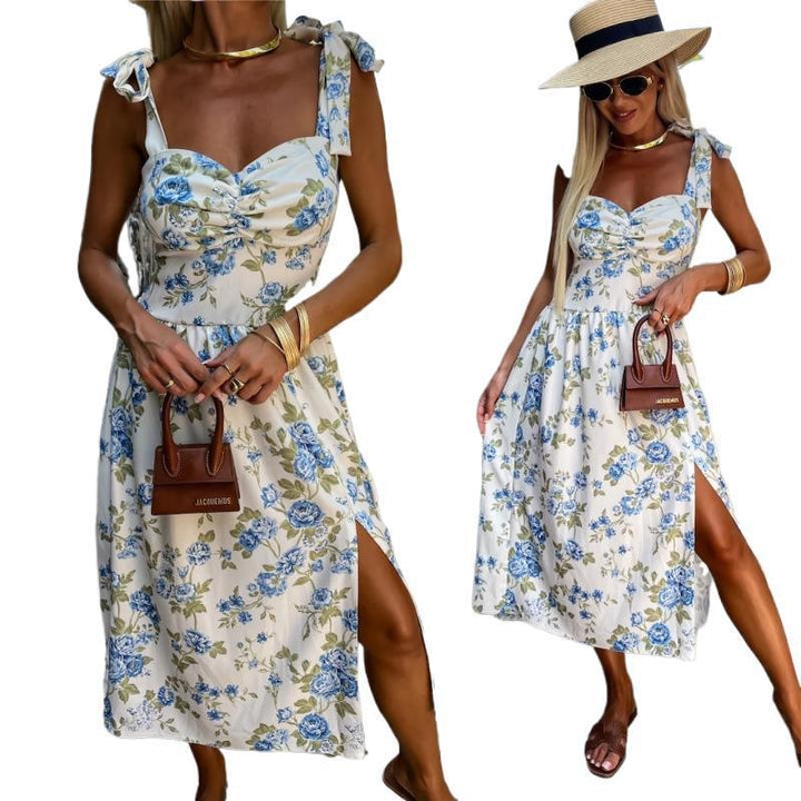 A-line midi dress for women with bow straps Lune London