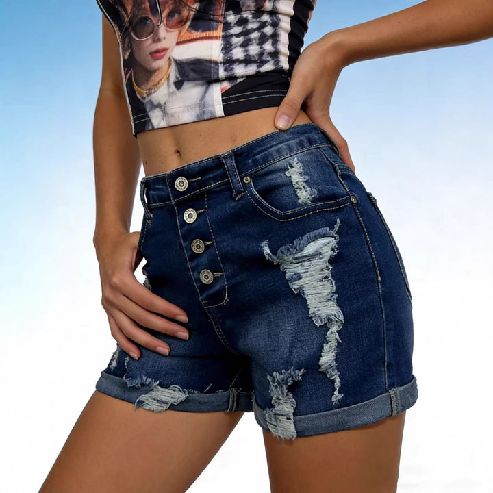 Ladies fashionable Destroyed Denim Shorts with button placket Lune London