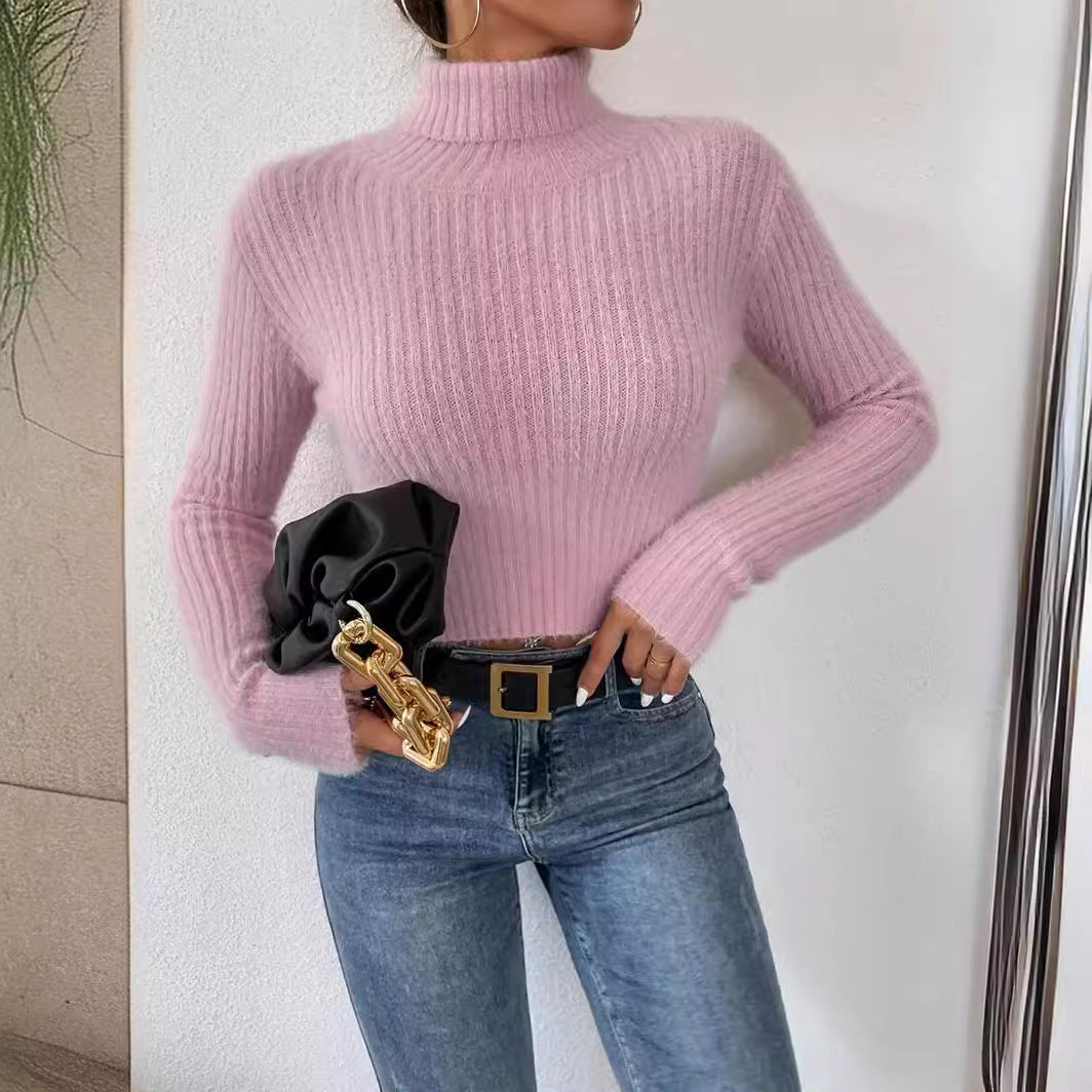 Ladies fine knit sweater with high collar and modern ribbed design Lune London