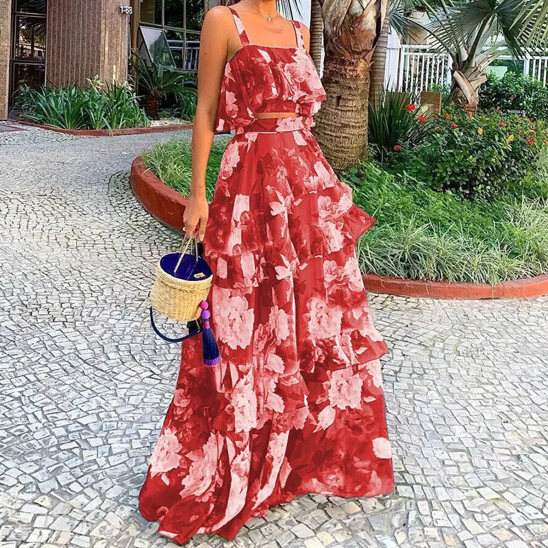 Robe Maxi Femme avec Motif Floral et Volants Chic & Stil