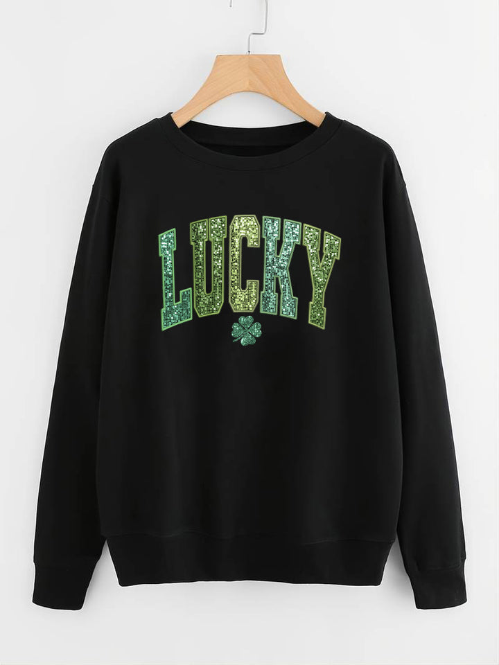 Sweatshirt décontracté pour femmes avec lettrage étincelant et motif de trèfle Chic & Stil