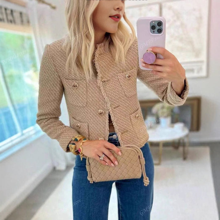 Elegant short jacket for women in textured fabric with button details Lune London