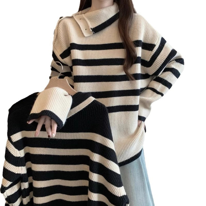 Pull à rayures pour femmes avec col moderne et détails de boutons Chic & Stil