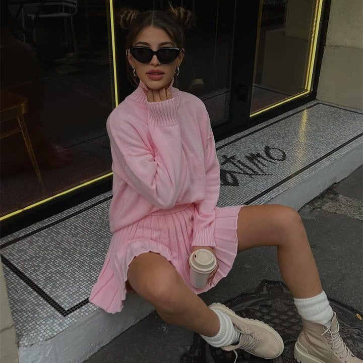 Knit sweater for women with high neckline and pleated mini skirt Lune London
