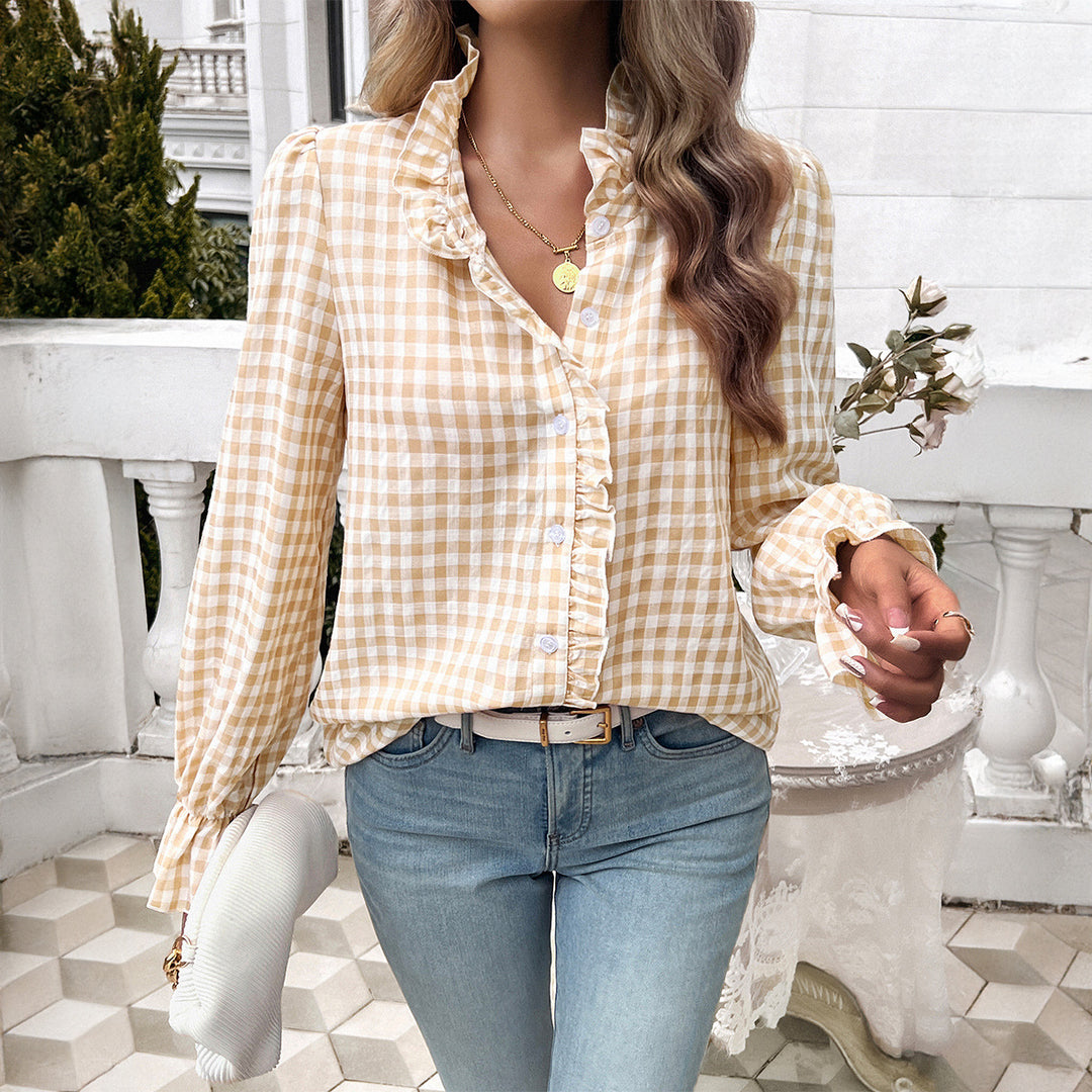 Checked blouse for women with ruffle details and a button placket Lune London