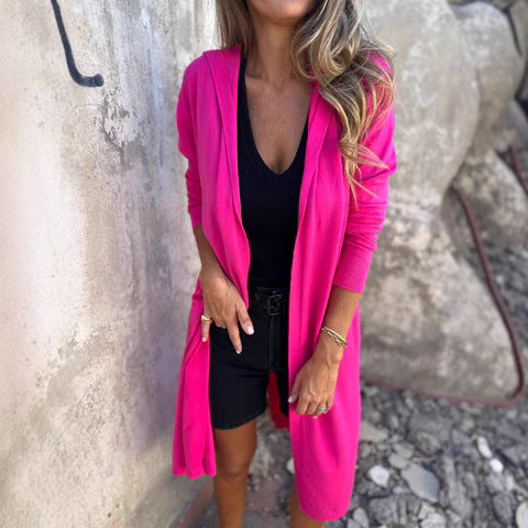 Ladies Long Knit Cardigan with Open Front and Practical Pockets Lune London
