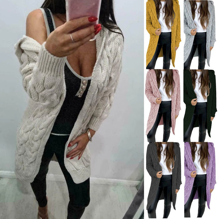 Ladies long cardigan with hood and cable knit pattern Lune London
