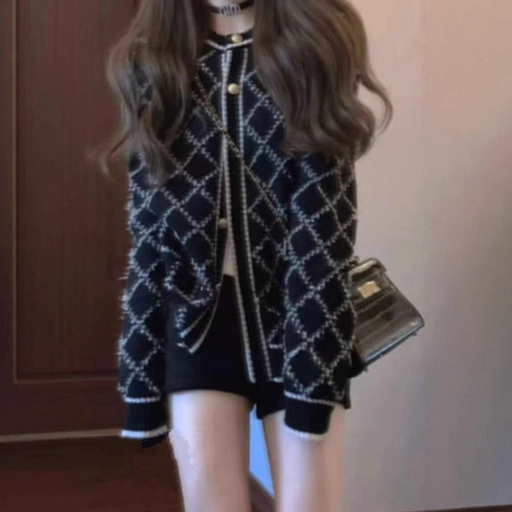 Elegant diamond pattern knitted women's cardigan with gold buttons Lune London