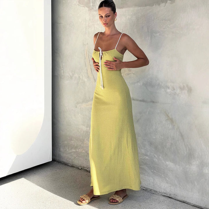 Maxi dress for women with a delicate ribbed design and an adjustable neckline Lune London