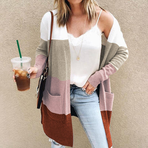 Womens knit jacket with color block design and practical pockets Lune London