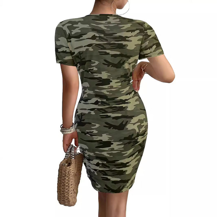 Fitted camouflage dress for women with V-neck and stretchy material Lune London