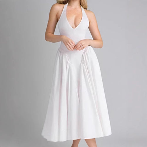 Midi dress for women with plunging V-neck and flowy skirt Lune London