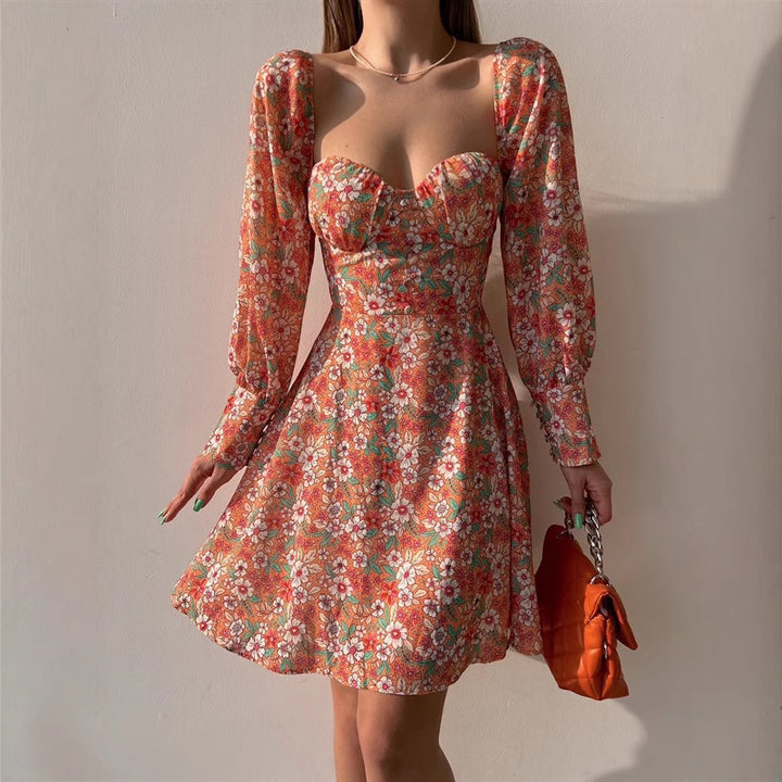 Women Puff Sleeve Dress with Romantic Floral Pattern and Heart-Shaped Neckline