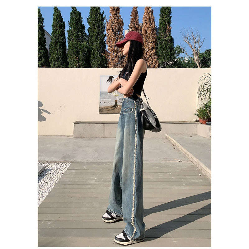 Jean en denim à coupe large pour femmes avec franges et jambes hautes Chic & Stil
