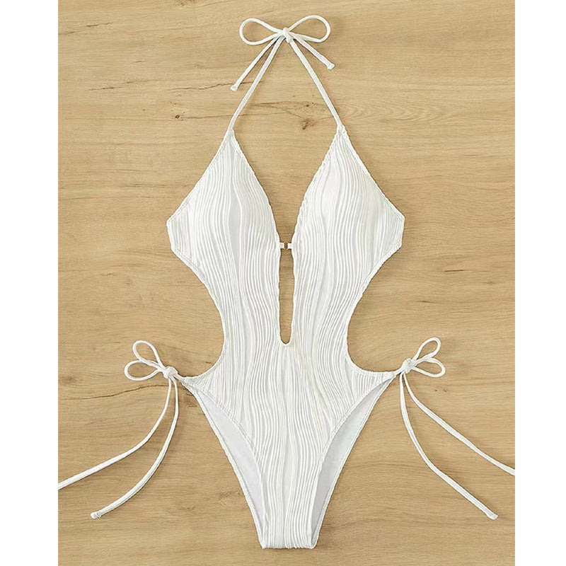 One-piece swimsuit for women with side ties and a deep V-neck Lune London