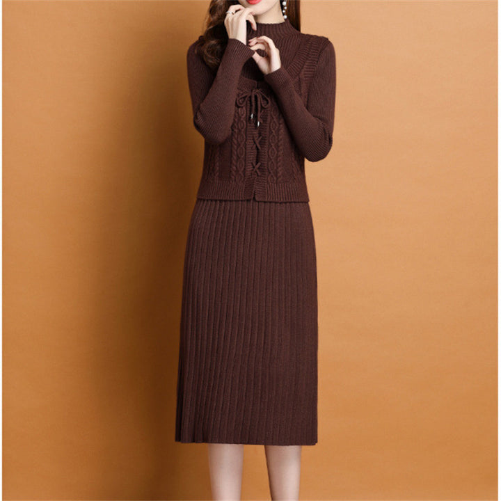 Elegant knitted dress for women with high collar and decorative braid design Lune London