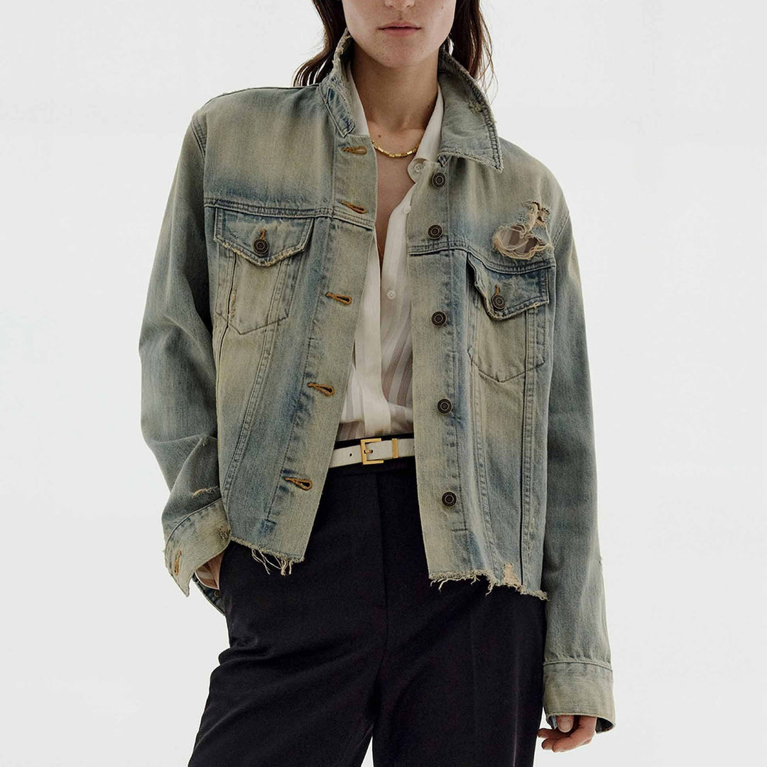 Women's fashionable denim jacket in vintage style with casual cut and frayed details Lune London
